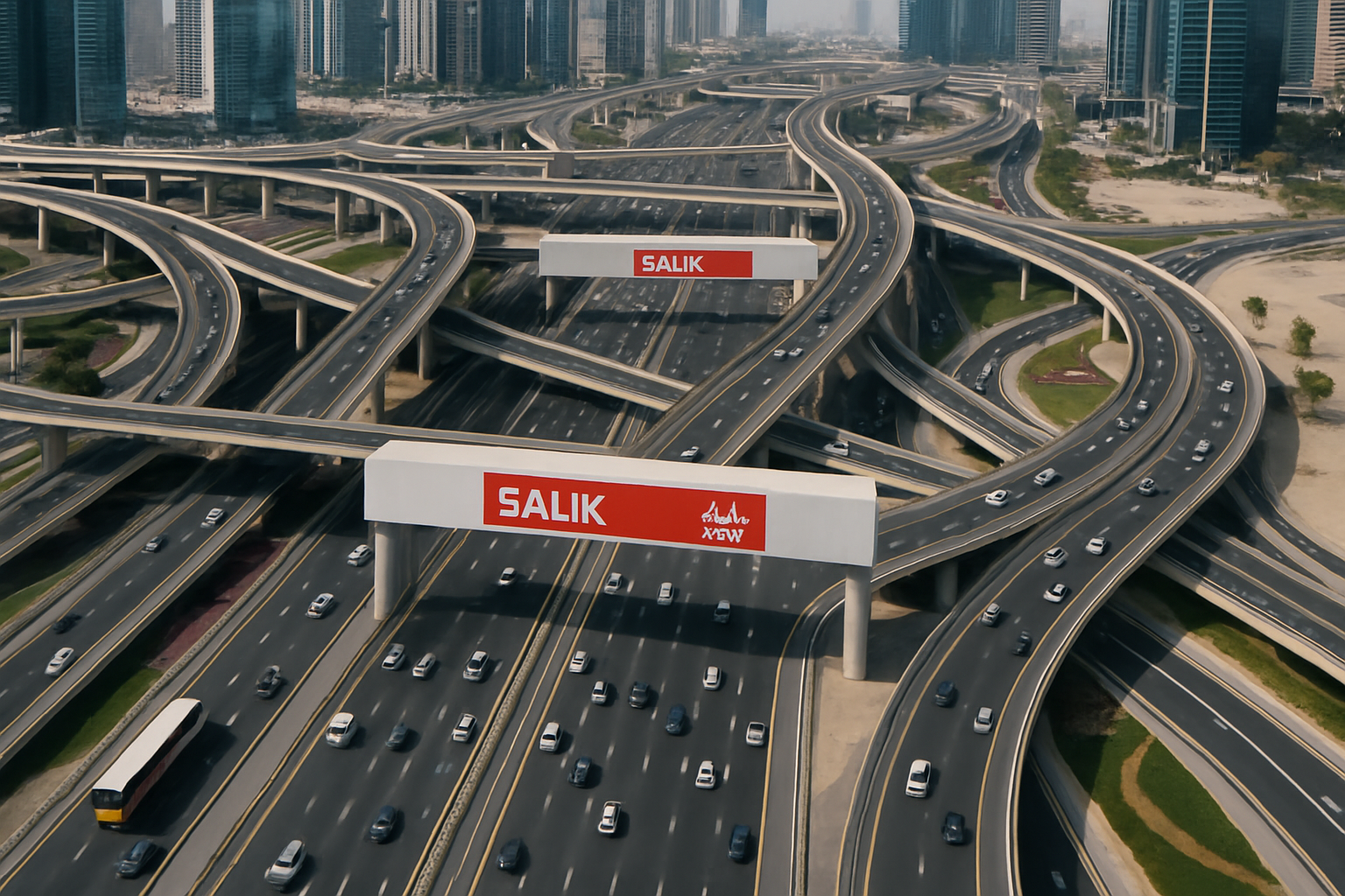 Aerial view of Dubai's highway network featuring toll gates